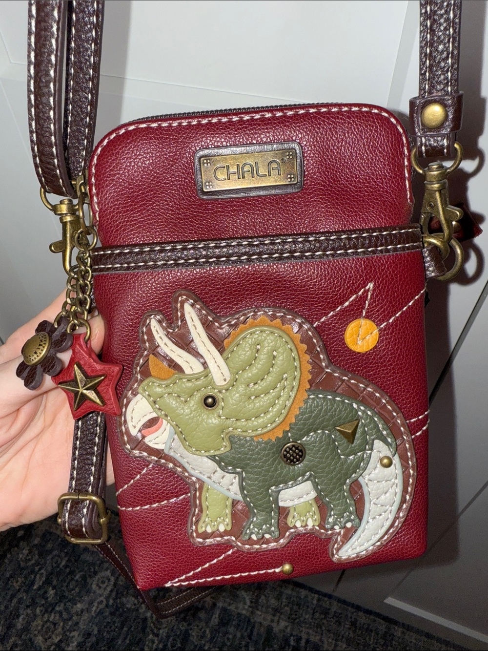 Chala Maroon Crossbody Bag with Green Dinosaur Appliqué